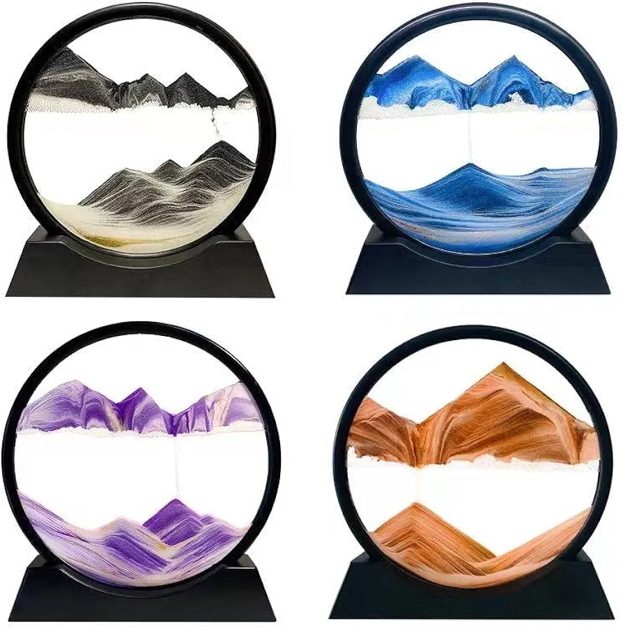 HYUGF 4 Piece Moving Sand Art Picture Set, 3D Deep Sea Sandscape Liquid Motion, Round Glass Frame Display Flowing Sand, Sand Art Gift for Kids Adults Desktop Decoration (4 Colors, 7")