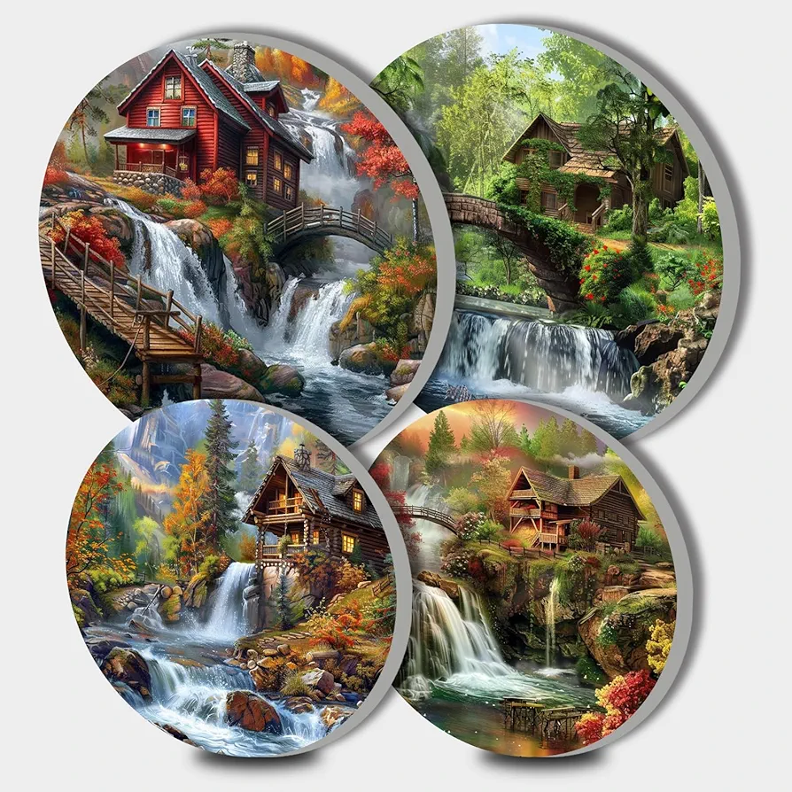 Mountain Forest Waterfall Art Burn Covers for Electric Stove Resturant Decor Natural Landscape Round Burner Red Wooden House Gas Stove Burner Covers,Metal Burner Cover Set of 4 Kitchen Decor (Green)