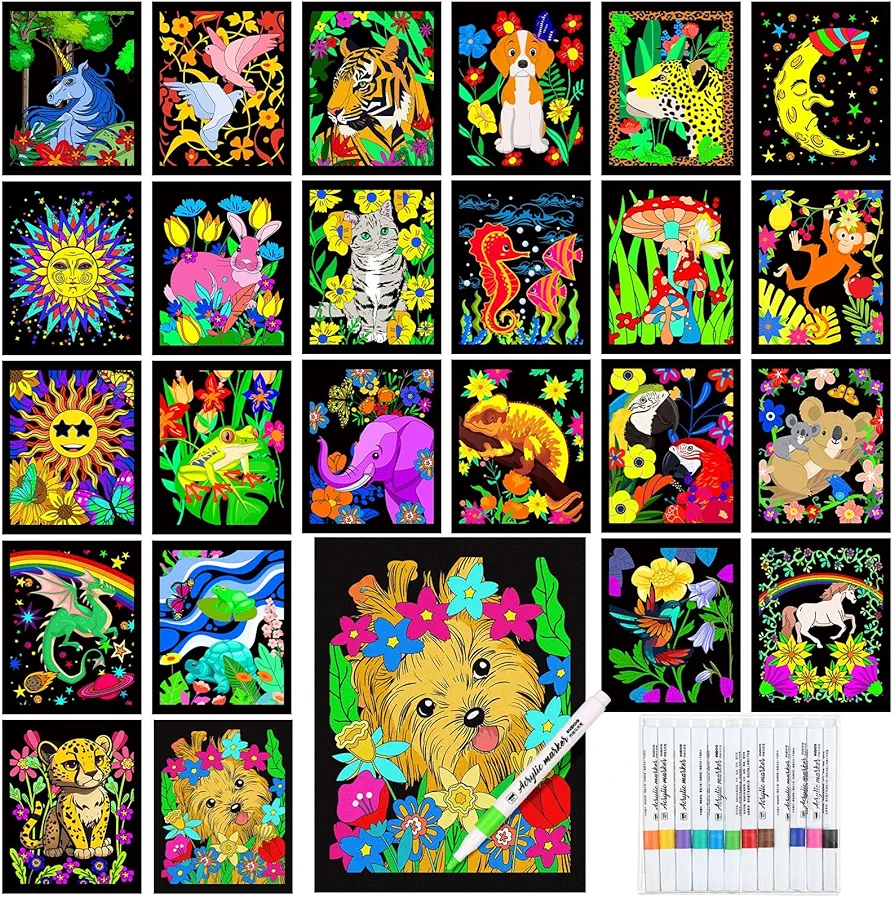 Zhanmai Pack of 48 Velvet Coloring Posters and Watercolor Pens Animal Fuzzy Velvet Coloring Posters for Adults Teenagers Large Coloring Poster for Classroom Festive Holiday Arts Crafts Activity