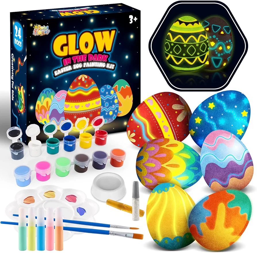 SpringFlower Glow in The Dark Easter White Eggs Painting Kit,Paintable Hanging Flocking Eggs with Rope, Doodle Kit for DIY Design, Easter Decoration, Egg Hunts, Basket Fillers, Easter Gift,24PCS