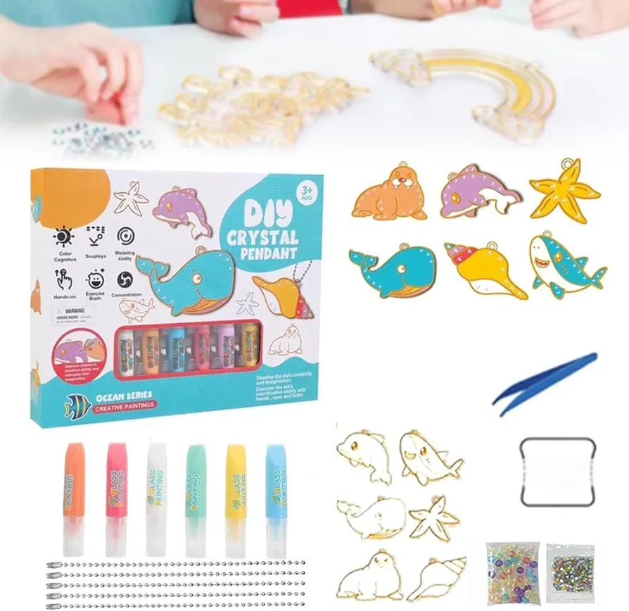 DIY Crystal Paint Arts and Crafts Set,2024 New Bake-Free Crystal Color Glue Painting Pendant Toy Diamond Painting Keychains Kit, DIY Handmade Watercolor Painting kit Gift for Kids (Dinosaurs) (