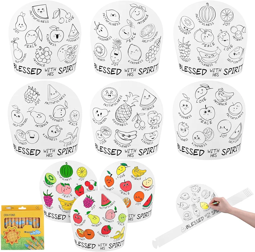 ReliThick 30 Sets Back to School Crafts Color Your Own Fruit of the Spirit Crafts Sunday School Crafts for Kids Bulk Adjustable Coloring Crowns with Crayons Religious DIY Arts Crafts Sunday School VBS