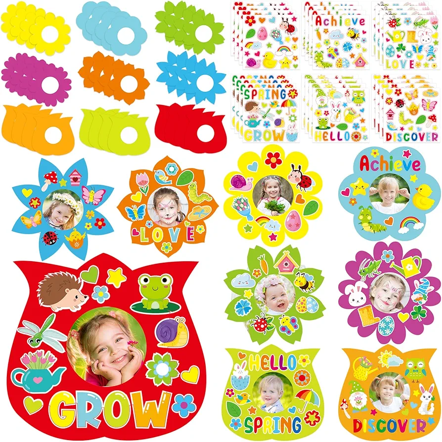 Glenmal 36 Pack Spring Craft Kits for Kids DIY Picture Frame Craft with 432 Pcs Spring Sticker Plant Grow Flower Butterfly Easter Art Craft for Springtime Mothers Day Gift Craft Party Games Activities