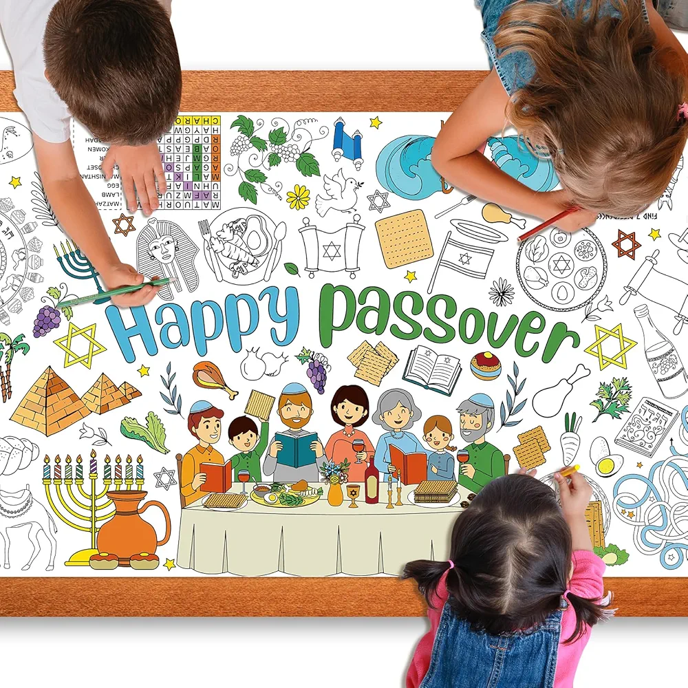 Happy Passover Large Coloring Tablecloth Poster for Kids, Pesach Jumbo Coloring Paper Poster Sheets, Passover Color-in Craft Activities for Kids Festive Seder Party Supplies Decorations, 30 x 72Inch