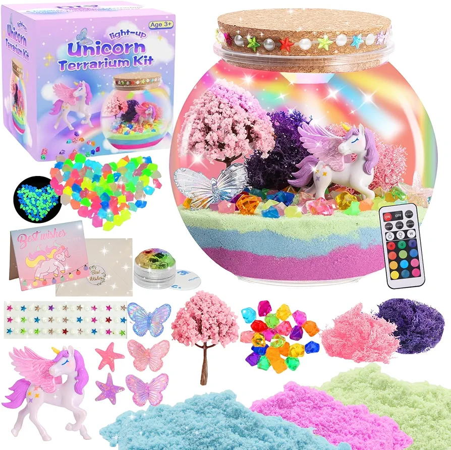 Unicorn Light-Up Terrarium Kit for Kids, Unicorn Birthday Gifts for Girls Ages 4 5 6 7 8-12 Year Old, Unicorn Toys for Girls with Multicolor LED Light & Remote, Unicorn Arts and Crafts Toys for Girls
