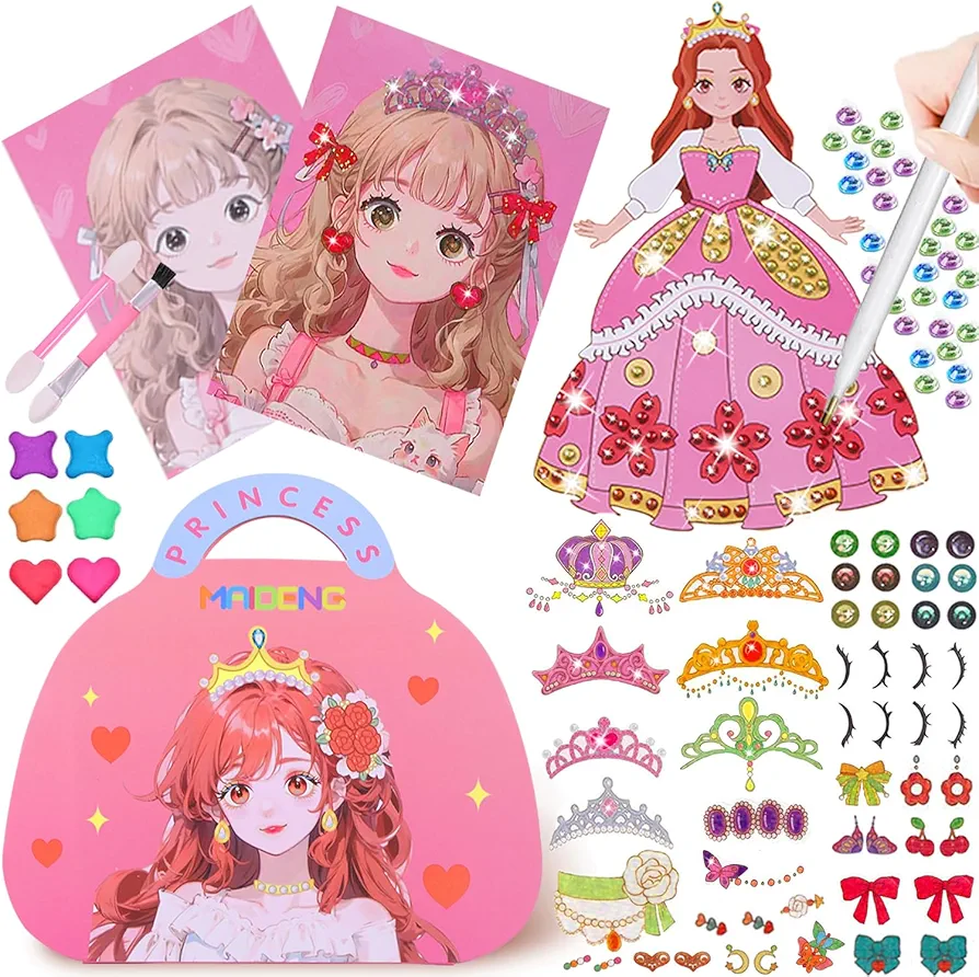 Bukicho Arts and Crafts for Kids Ages 4-8, Paper Dolls Makeup Games DIY Craft Activity Kits, Dress Up Games Set Princess Fantasy Toys with Diamond Painting for Girls Ages 3 4 5 6 7 8 9+ Years Old