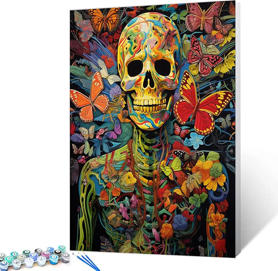 Skull Men Paint by Number DIY Acrylic Day of Death Painting Human Skeleton with Butterfly Paintwork Kit for Kids Adults Beginner Human Body DIY Canvas Art Craft 16x20 Inch Home Decor Gift(Frameless)