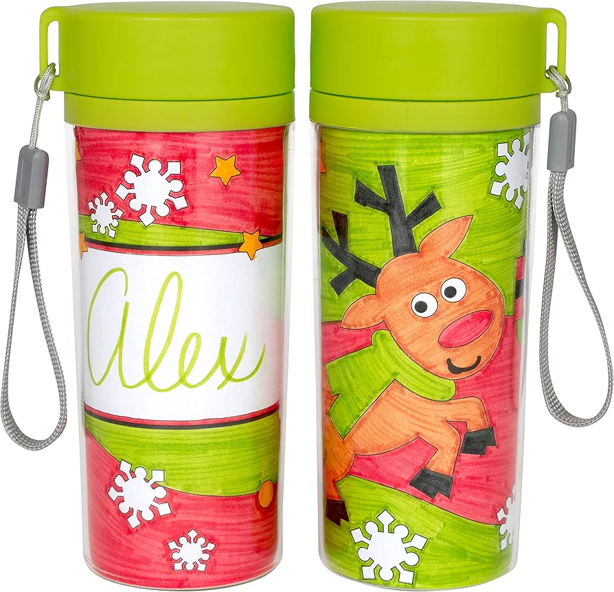 READY 2 LEARN Christmas Crafts - Design Your Own Travel Mugs - Set of 2 - Christmas Crafts for Kids - Reusable 11 oz Water Bottles - BPA Free