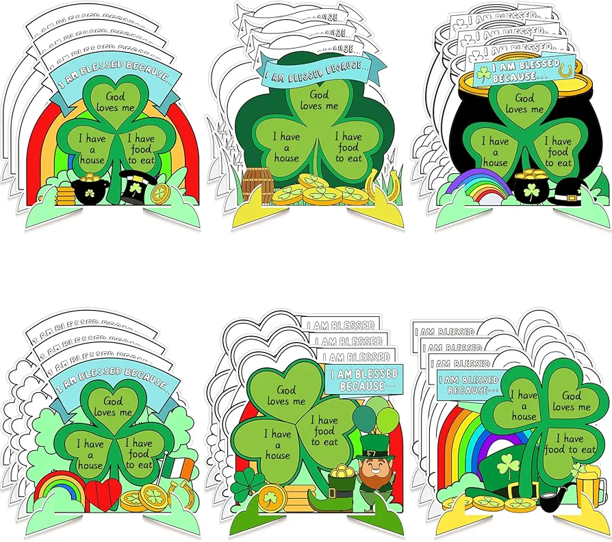 Janlaugh 24 Set St. Patrick's Day Crafts for Kids Color Your Own Blessings Shamrocks Craft DIY Paper Party Favor Shamrock Crafts for Sunday School Home St. Patrick's Day Party Supplies