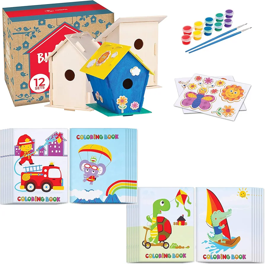 12 Wooden Birdhouses - Crafts for Girls and Boys - Kids Bulk Arts and Crafts Set - 12 DIY Unfinished Wood Bird Bundle with Incredible Value Coloring Books for Kids - Epic Bulk Party 24