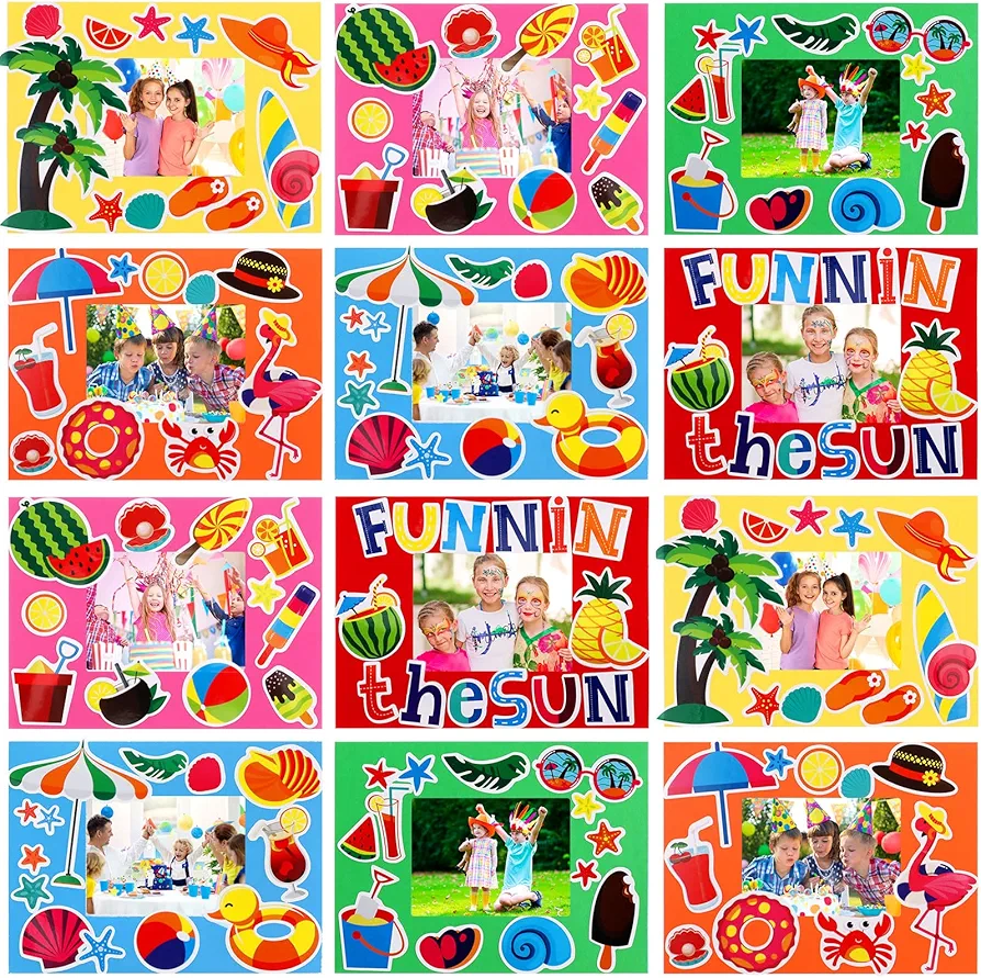 46 Packs Summer Frame Craft Kids Picture Frame Craft Colorful Cardboard DIY Paper Picture Photo Frame for Summer Classroom Kindergarten Game Decoration(Summer)