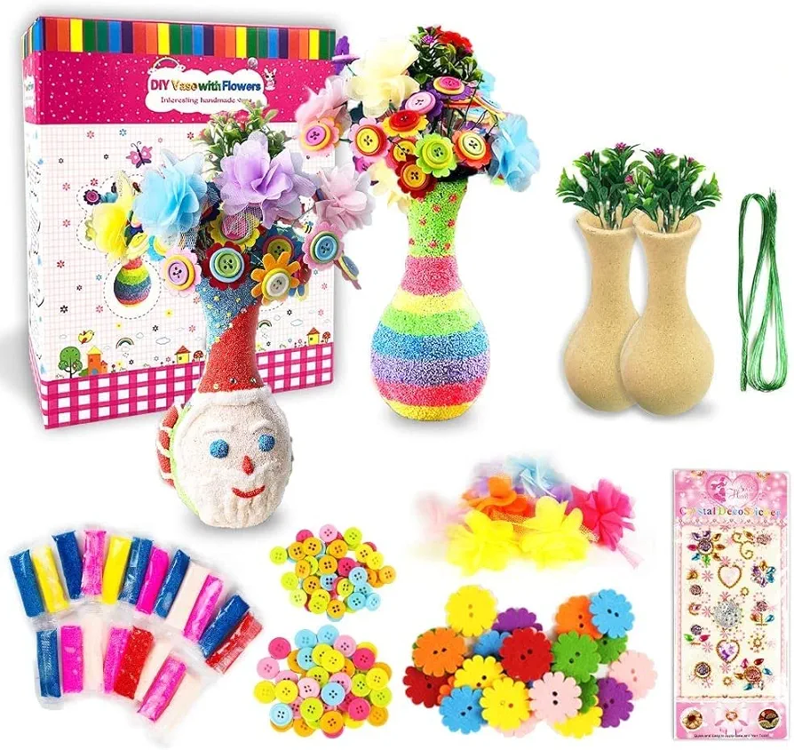 FLIPNEX Flower Craft Kit DIY Arts and Crafts Girls Craft kit Vase Kids Flower Art Set Toys for Aged 3 4 5 6 7 8 Girls & Boys Flower Vase Art Toy Great Birthday Gift for Kids Easter Toys（Rainbow）