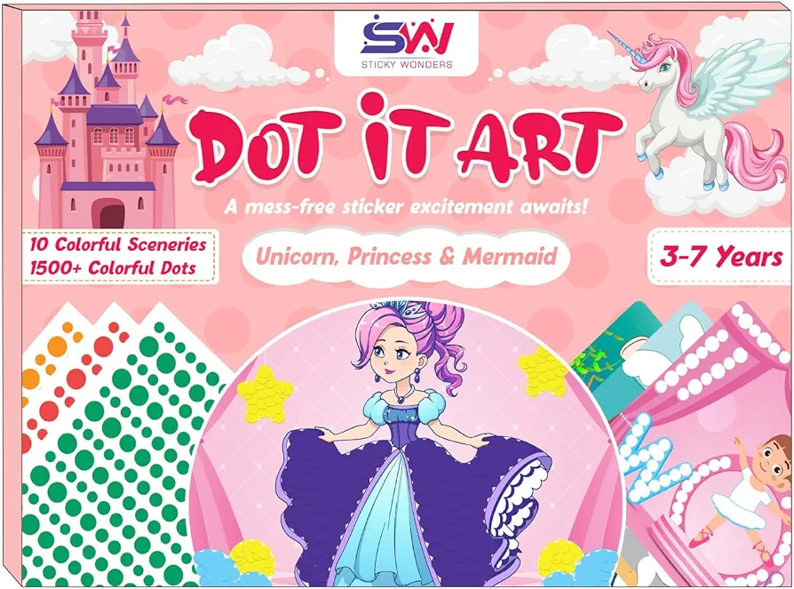 Sticky Wonders Princess, Unicorns and Mermaids Ultimate Sticker Dot Art Activity Kit for Kids - 10 Colorful Scenes for Creative Fun, Ideal for Girls & Boys Ages 3 4 5 6 7, Mess-Free Craft Activity