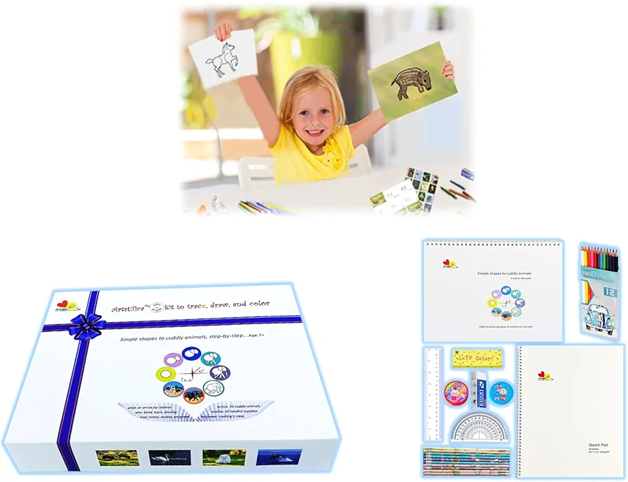 Artstifica Art & Craft Kit for Drawing for Kids Age 4-8, 2-5, 8-12, with Kids Art Supplies and Unique Guides. Drawing and Coloring Real Animals Using 4 Simple Shapes. an Ideal Gift for Girls and Boys