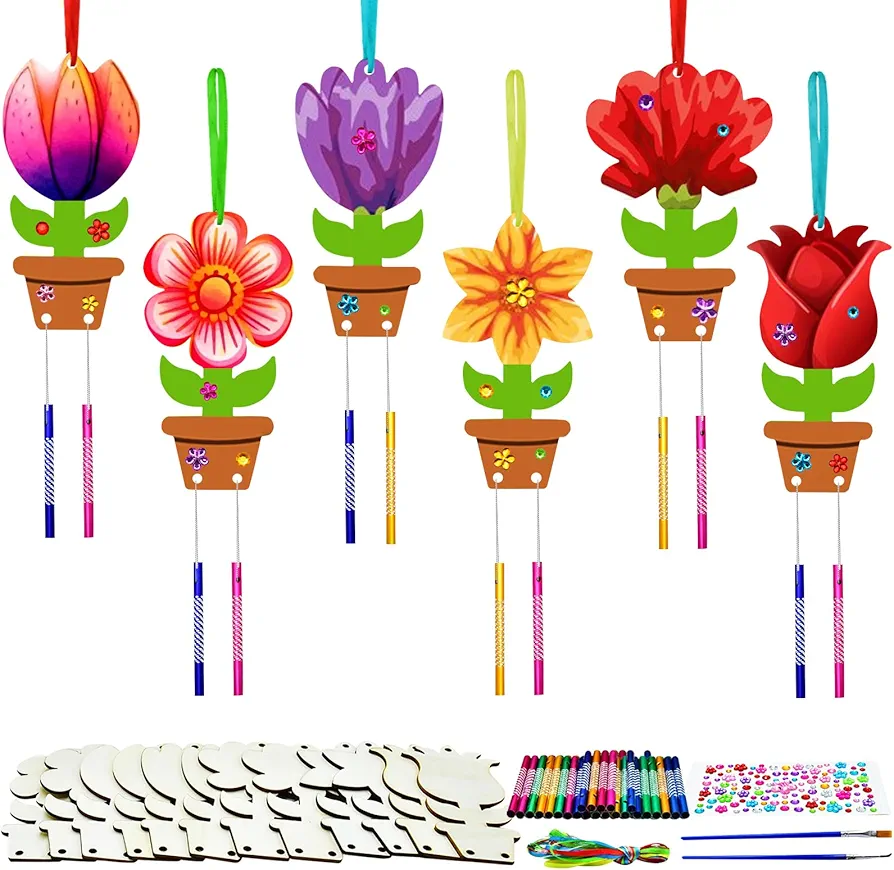 12Pcs DIY Flower Wooden Wind Chimes with Wind Chimes Tube Webbing Rope Brush Diamond Stickers Make Your Own Coloring Flower Spring Summer Wind Chime Ornaments for Girls Boys Craft Gift Favor Supplies