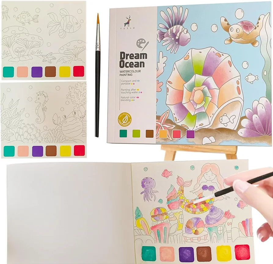 Watercolor Coloring Books for Kids Ages 4-8, Pocket Watercolor Painting Book for Arts and Crafts, Water Colors Paint with Brush (1, Dream Ocean)