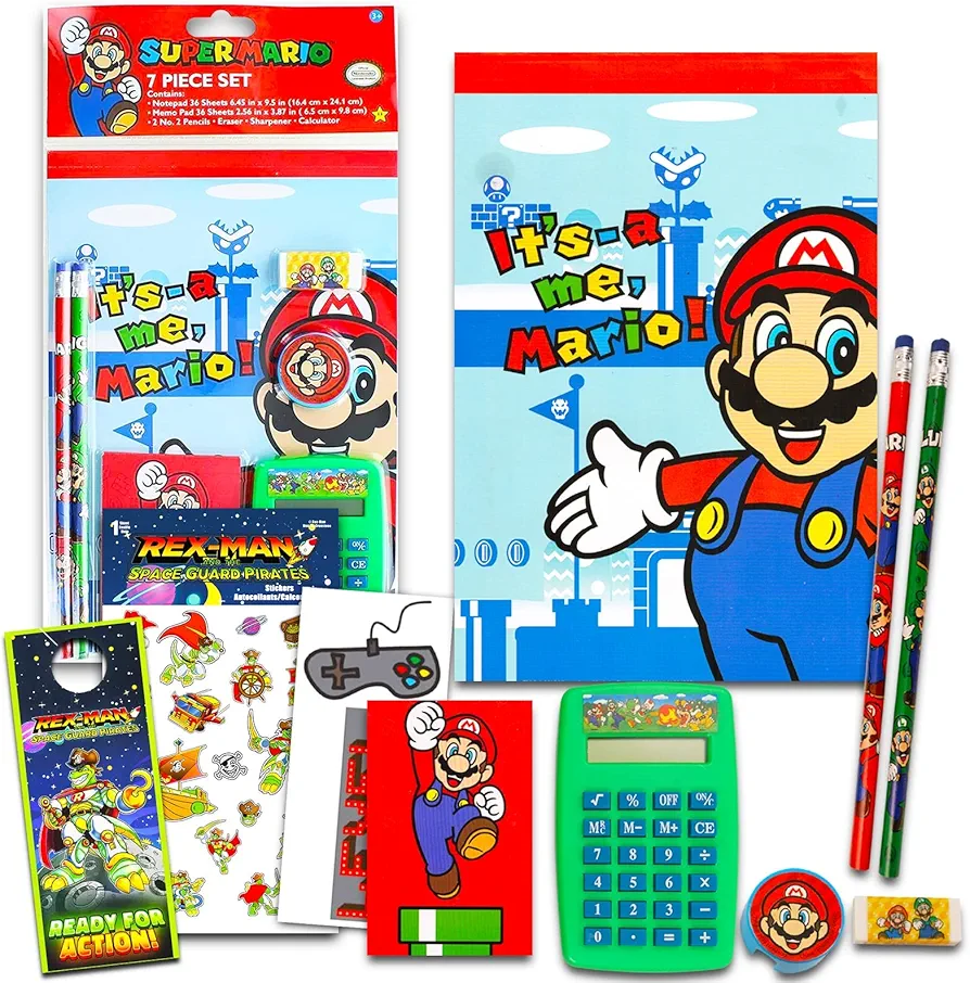 Mario Stationery Set for Kids, Boys, Girls - 10 Pc Bundle with Super Mario Notebook, Eraser, Calculator, Pencils, Stickers, and More | Mario School Supplies for Boys