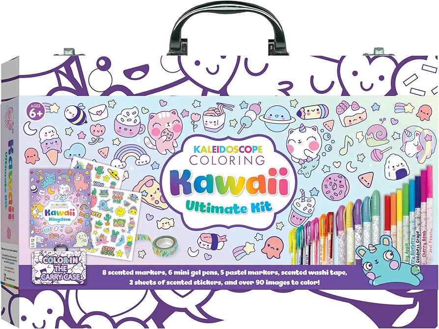Kaleidoscope: Coloring Kawaii Ultimate Kit - Kids Cute Carry Case Kit Includes Scented Markers, Stationery & Stickers, Color in The Case, Ages 6+