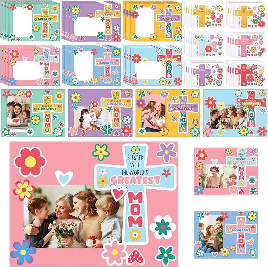 Domensi 24 Sets Mother's Day Craft Kit for Kids 2.5 x 4 Inch Bulk Religious Mother's Day Picture Frame Craft Kit with Magnet Mother's Daytime DIY Craft Gift for Mother's Day Sunday School Classroom