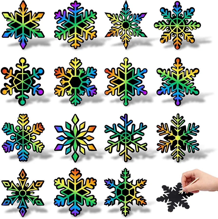 Whaline 120Pcs Christmas Snowflake Scratch Paper Art Rainbow DIY Scratch Art Set Magic Scratch Paper Off Cards with 120Pcs Ribbons and 60Pcs Wooden Styluses for Winter Crafts Ornaments Party Games