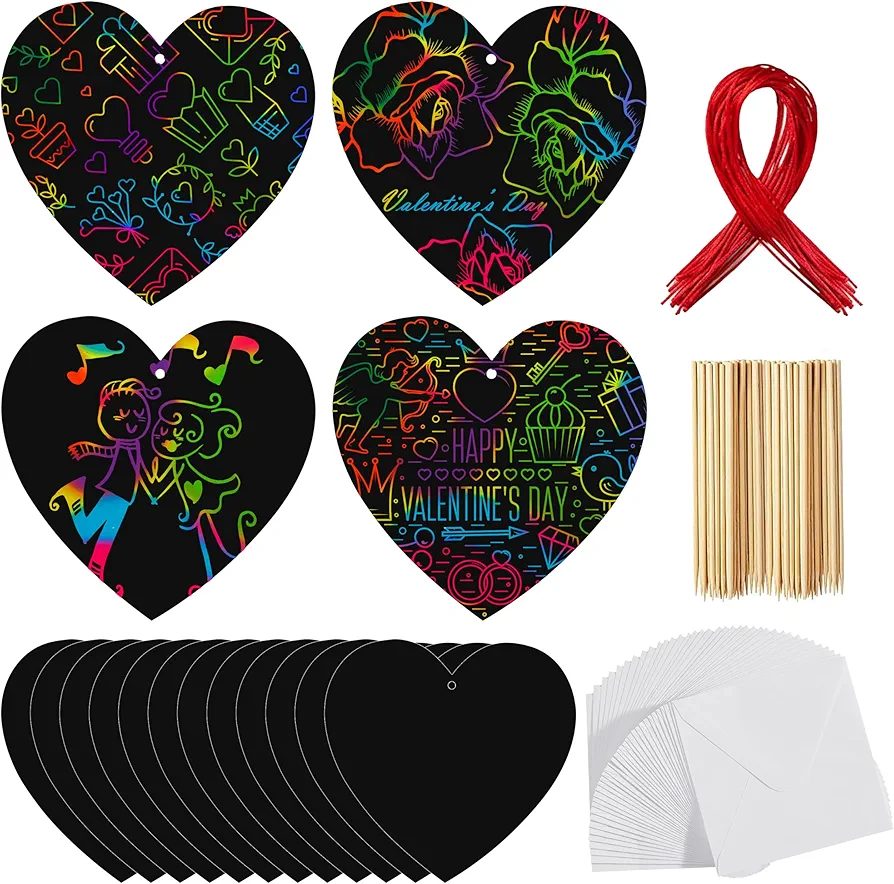 JOYIN 36 Packs Valentines Day Gifts Cards for Kids Magic Color Scratch Heart Rainbow Scratch Paper Heart Art Valentine Crafts & Art for Kids Classroom Exchange Create Rainbow Scratch Art Without Ink