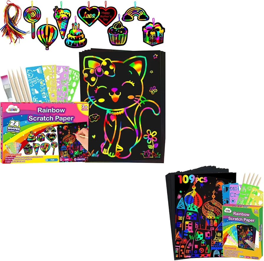 ZMLM Scratch Paper Art-Craft kids: Rainbow Scratch Magic Drawing Set Paper Supply Kit for Age 3-12 Kids Children Girl Boy DIY Toy Activity Educational|Party Faver|Birthday