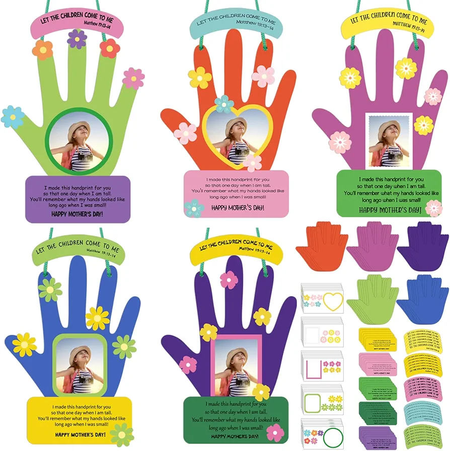 30 Sets Mother's Day Hand Picture Frame Crafts for Kids DIY Handprint Flower Mother's Day Crafts Make Your Own Flower Hand Keepsake with Flower Stickers for Kids Classroom Home Activities