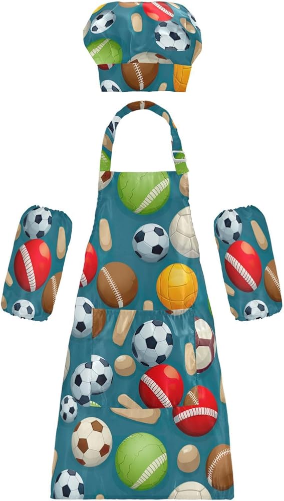 Various Sports Balls Blue Kids Apron And Chef Hat Set for Boys Girls Cooking Adjustable Aprons Toddler Child Apron with Pocket Lightweight Gardening Art Chef Apron for Painting Baking Crafting