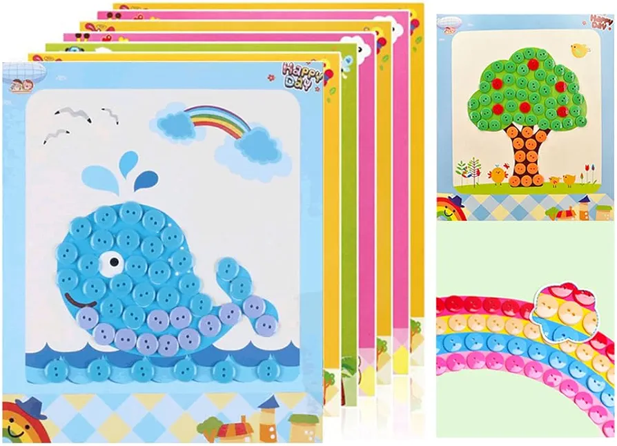 WYNAKESHU 12PCS Button Sticker Drawing Mosaic Sticker Art Kits for Kids Button Art Sticky Button Preschool Art Class Toys Early Education Gift for Girls Boys 3 Years and up