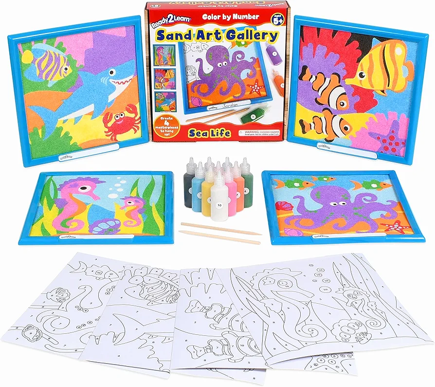 READY 2 LEARN Sand Art Gallery - Color by Number - Sea Life - Sand Art Kit for Kids Aged 5+ - 10 Bright Colors - 4 Design Sheets with Frames - 2 Styluses