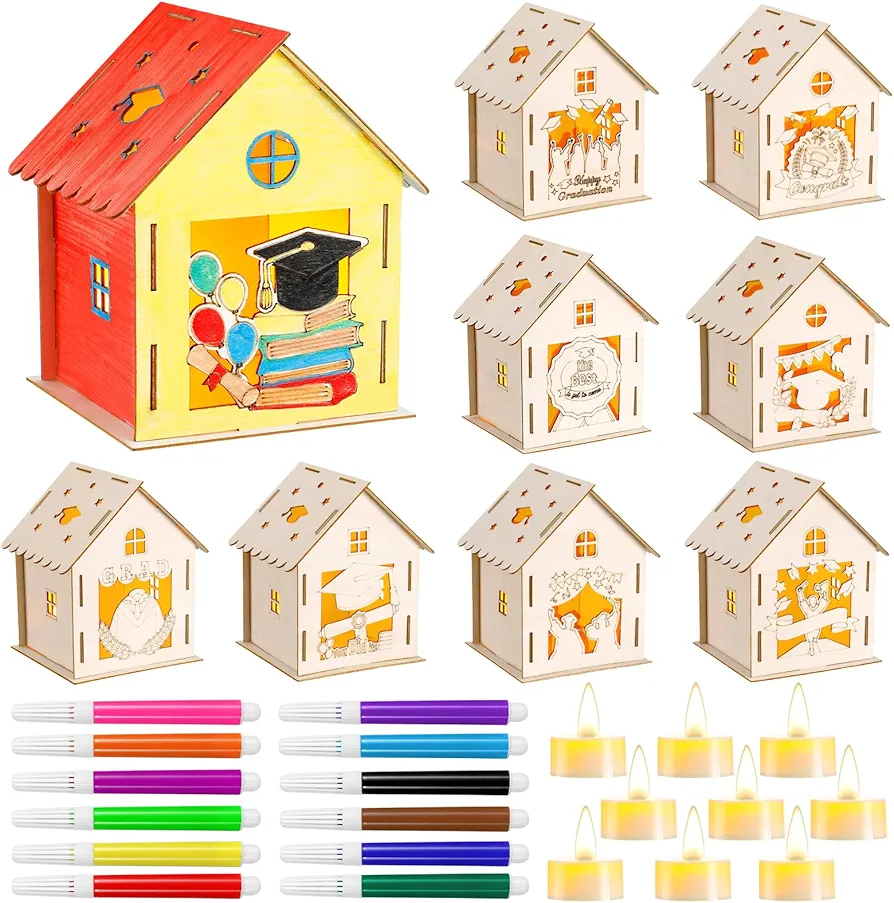 DoubleFill 9 Set Graduation Crafts for Kids Wooden Houses with 9 LED Flameless Candles and 12 Watercolor Pens Grad Graffiti Craft Supplies Graduation Wood Carved Ornament for Kids DIY Art Paint Party