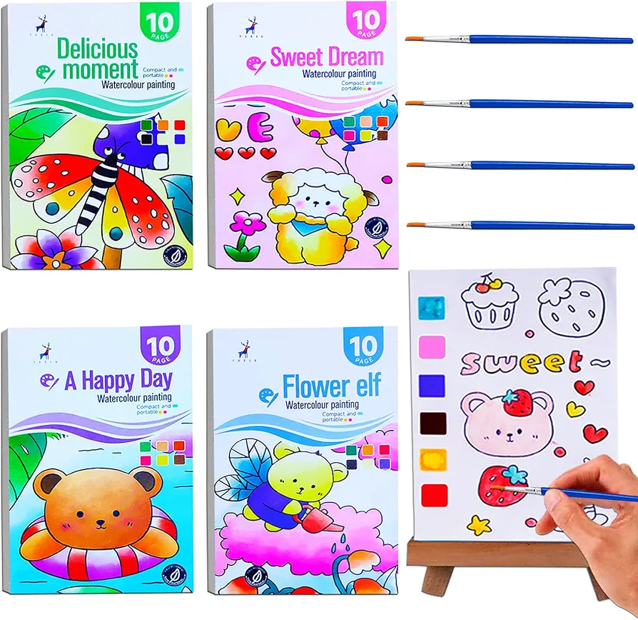 JUNQIU 4Pack Pocket Watercolor Painting Book, Paint with Water Books for Kids Ages 4-12, Mess Free Coloring for Toddlers, Arts and Crafts for Girls Boys Party Christmas Gifts