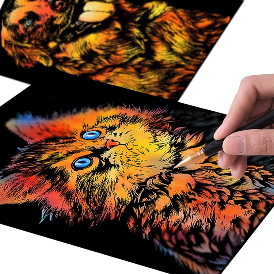 RGBMIX 16x11'' Cat Animal Scratch Art Kit for Adults, Animal Series Creative DIY Gifts&Arts Craft Kits Stress-Relieving Art Rainbow Magic Paper Supplies
