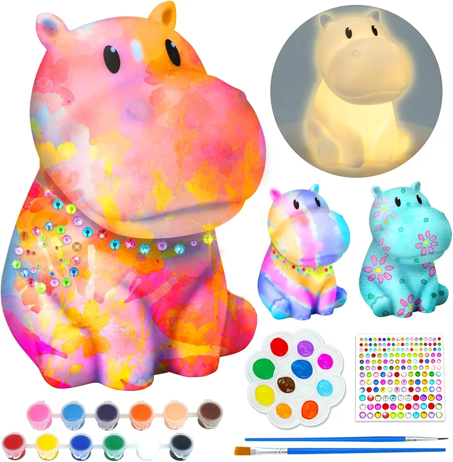 AluAbi Paint Your Own Hippo Lamp-Painting Crafts Kits for Kids Ages 4-8, DIY Art Night Light for Kids, Art Supplies Arts & Crafts Kit for Childrens Birthday Gift for Teens Girls and Boys Ages 8-12