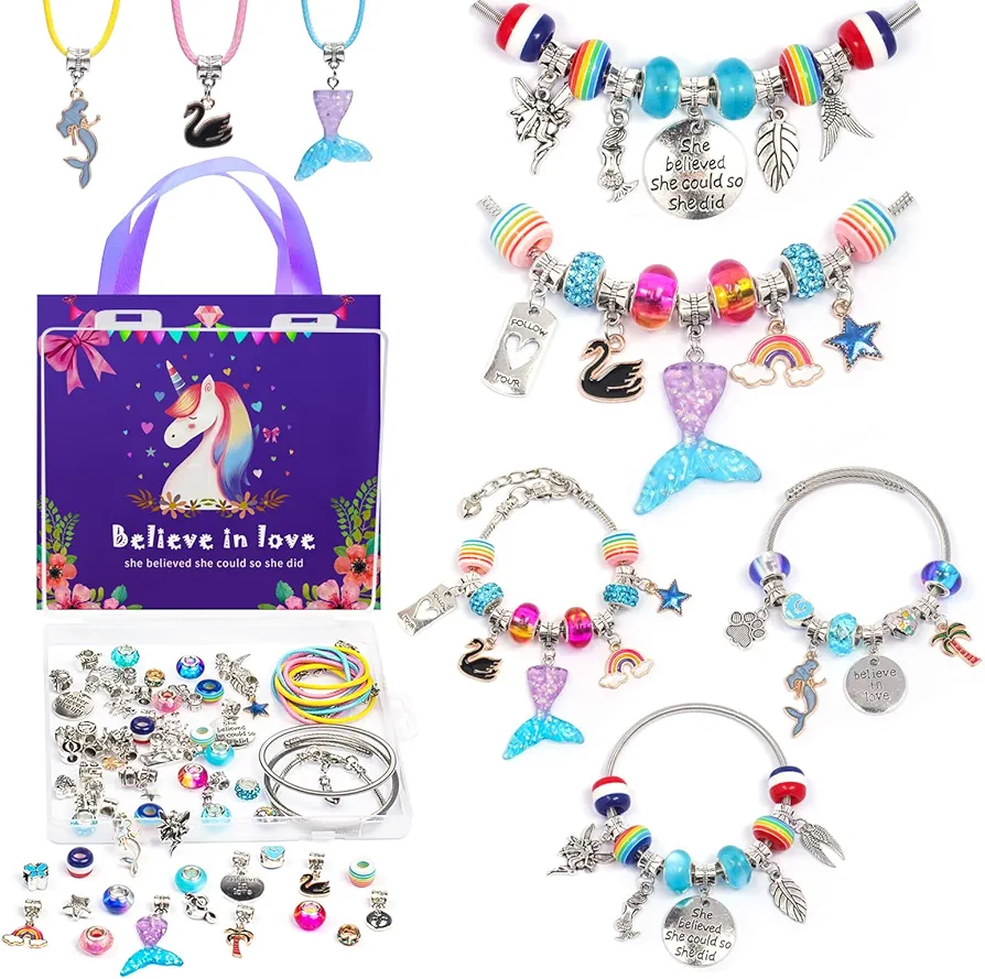 ZQFTZQ DIY Charm Bracelet Making kit - Jewelry Making kit Including Beads,Snake Chains,Bead Bracelet Unicorn Mermaid Easter Christmas Arts and Crafts for Kids Ages 4 5 6 7 8 9 10-12