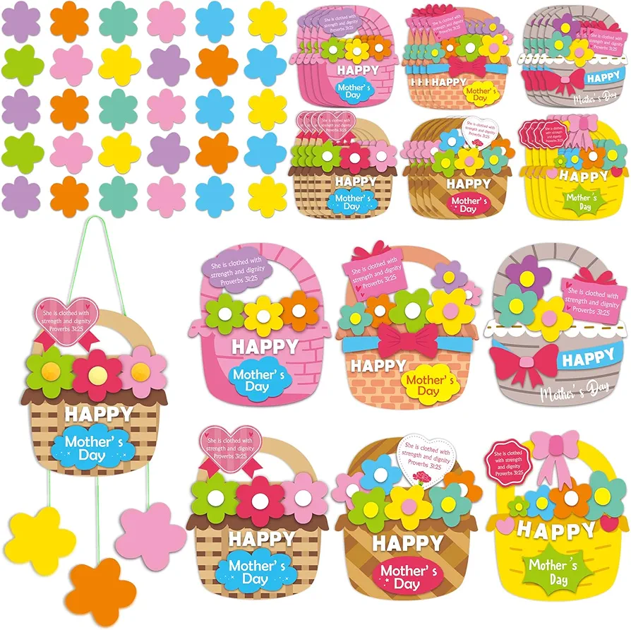 Honoson 24 Sets Mother's Day Crafts for Kids Bulk Mother' s Day Faith Hanging Basket Sign Craft Kit Flowers Basket Proverbs 31: 25 Felt Ball Rope for Sunday School Mother's Day Gifts Family Classroom