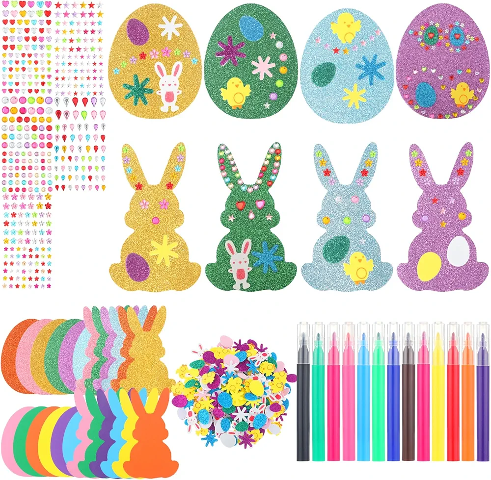ReliThick 336 Pcs Easter Foam Stickers Craft Kits for Kids Eggs Bunny Rabbit Crafts Stickers Set with 5 Sheets Bling Jewels Rhinestone Stickers and 12 Pcs Colored Markers for Kids Party Favors
