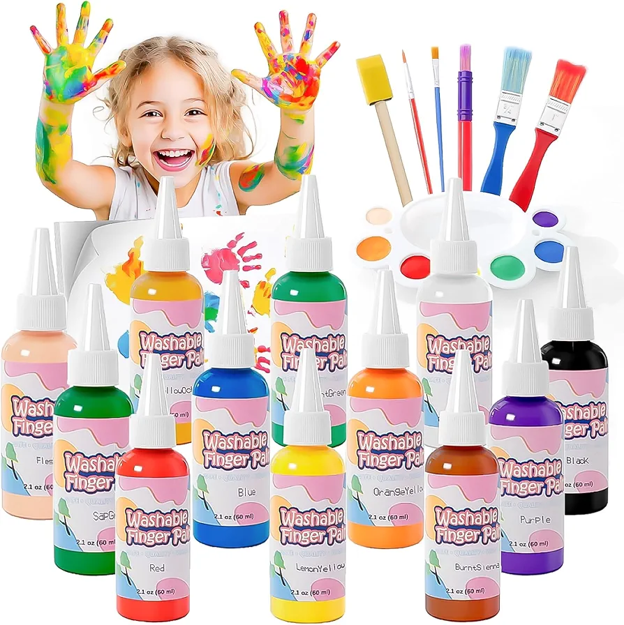 Homcosan Washable Finger Paint 12 Colors Set Large Capacity (2.1fl oz) Non Toxic Finger Paints Art Painting Supplies for Hand Painting DIY Crafts Gifts