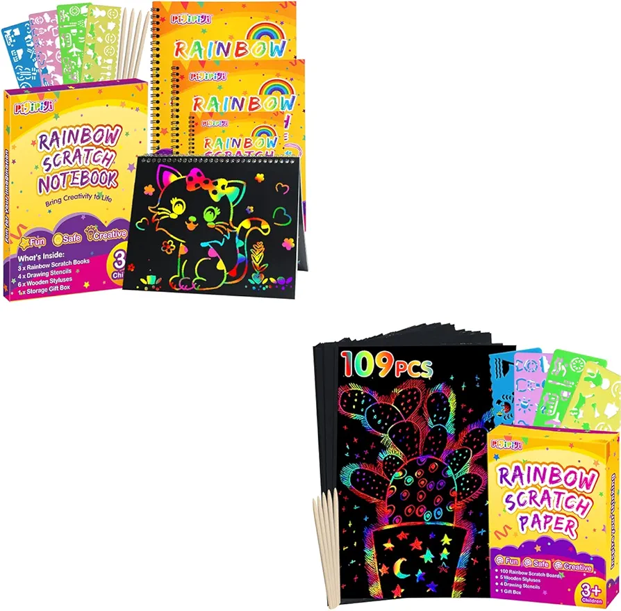 pigipigi Rainbow Scratch Paper Art - Magic Scratch Off Craft Kit for Kids Color Drawing Note Pad Supply for Children Girls Boys DIY Party Favor Game Activity Birthday Christmas Toy Gift Set