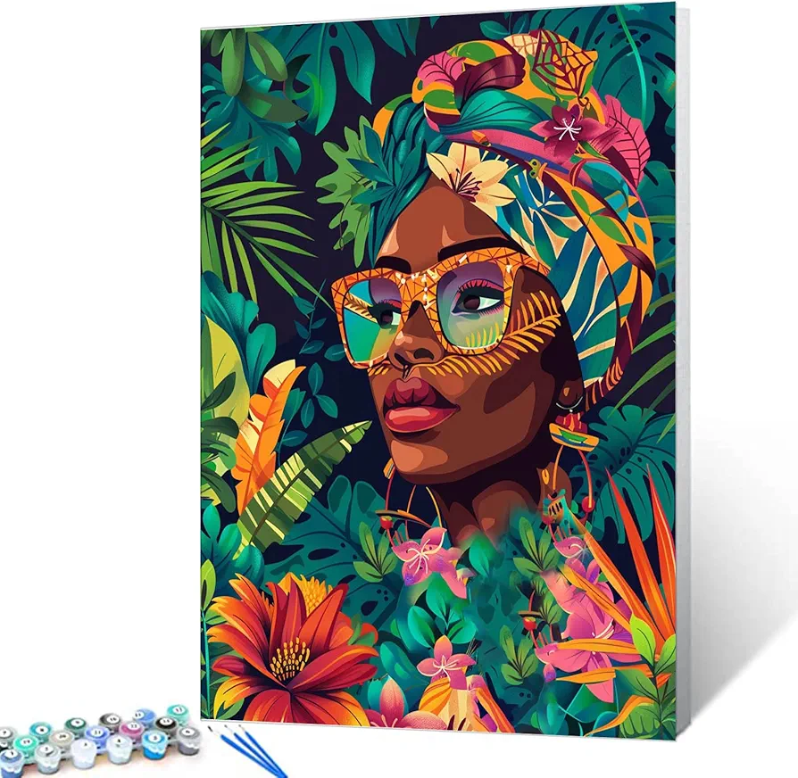 TUMOVO Black Girl Paint by Numbers Kits with Brushe and Acrylic Pigment on Canvas African Woman Painting for Adults Beginner Wildflower Picture Arts Craft Home Decor Boho Gifts 16''x20'' (DIY Framed)