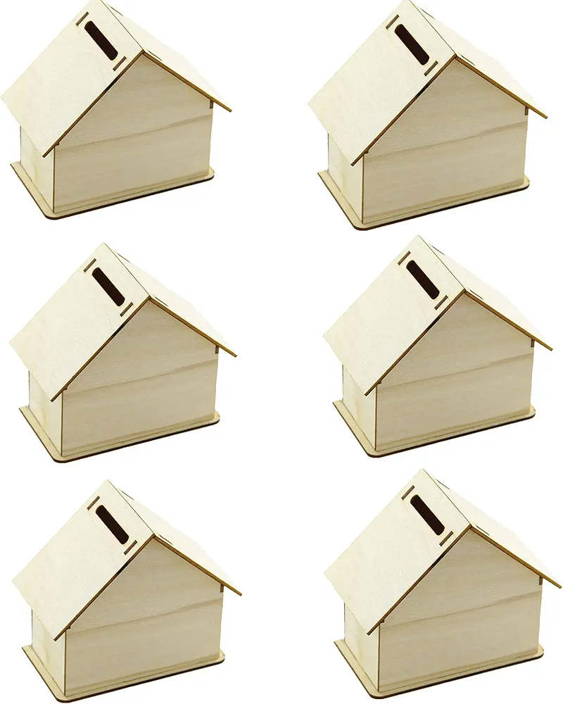 alfyng 6 Pcs DIY Wooden Piggy Bank, Children's Handmade House Coin Bank, Paint and Decorate Assembly House Craft Kits, Fun Unfinished Art Craft Creative Gifts for Kids (4.1"x4.1"x2.2")
