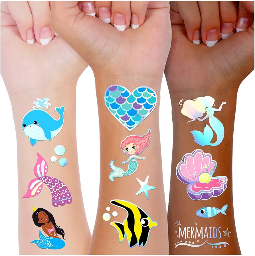Glitter Mermaid Temporary Tattoo Stickers 300+ Counts Ocean Sea Life Fake Tattoo Decals for kids Birthday Party Favors Goodie Bag Decor Arts and Crafts Classroom Rewards for Girls and Boys