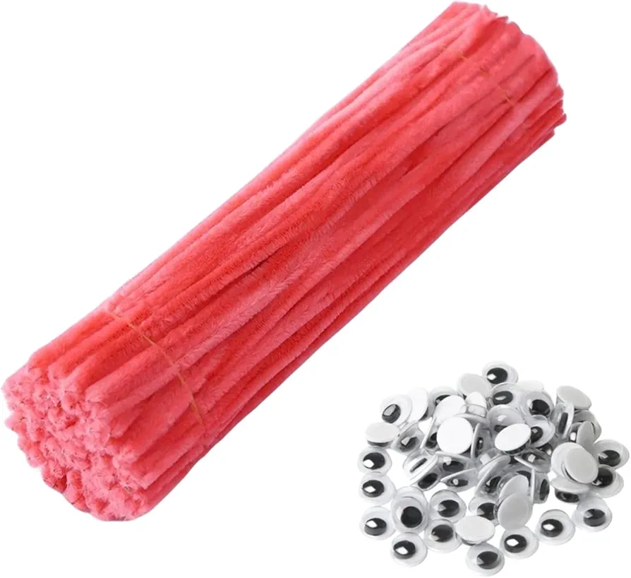 100pc Pipe Cleaners Chenille Stem Solid Color Twistable Pipe Cleaners Set for Pipe Cleaners Bulk DIY Arts Project Crafts Supplies Decoration Pipecleaners with Wiggle Googly Eyes (Coral)