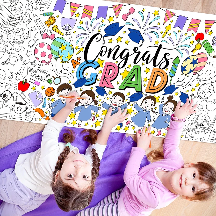 Jumbo Kindergarten Graduation Coloring Poster - Giant Coloring Poster Tablecloth for Kids Paper Coloring Banner Poster Arts Crafts Gifts for Classroom Wall Grad Ceremony Parties 55 x 23.6 Inch