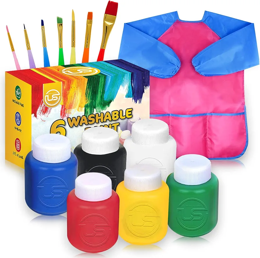 Kids Paint Set - 6 Colors Kids Paint 2 oz Each - Washable Paint for Kids, Smock and Paintbrush Set Included Paint for Kids, Primary Colors Paint Set for Kids Art, Craft, School, Home Painting Project