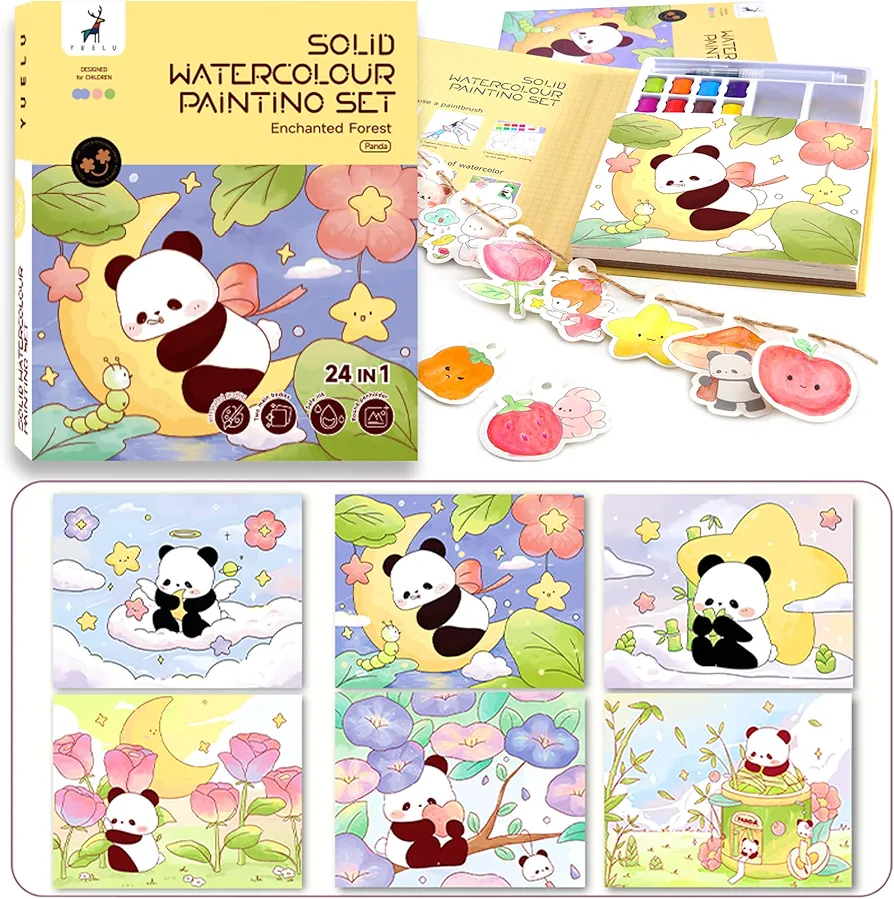 24 in 1 Panda Theme Watercolor Painting Paper Set for Kids Creative Pocket Watercolor Painting Book DIY Paint with Water Coloring Papers Panda Theme Party Supplies for Kids includes Pigment&brush