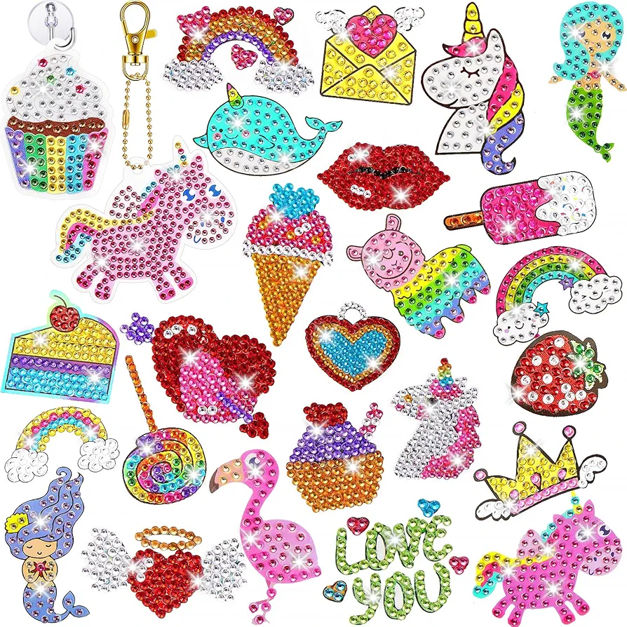 26 Pieces Gem Diamond Painting Art Kits, Cute Diamond Painting Stickers Suncatchers with Keychain DIY Tools, Small Diamond Arts and Crafts Supplies (Cute)