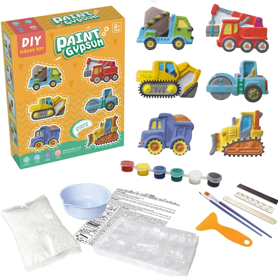Kids Crafts and Arts Set Painting Kit - DIY Engineering Vehicle Scrawl Gypsum Art and Craft Supplies Party Favors for Boys Girls Kid Creativity Graffiti DIY Gift 1 Figurines, 6 Color Pigment, 2 Brush