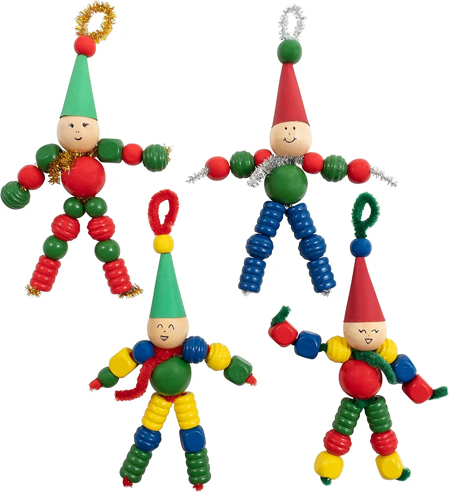 READY 2 LEARN Christmas Crafts - Create Your Own Bead Elves - DIY Ornaments for Kids - Christmas Tree Decoration - All Materials Included, Blue,Green,Red, Set of 4