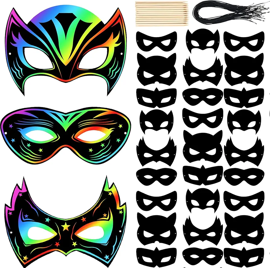 Deekin 36 Pcs Scratch Paper Mask Rainbow Hero DIY Kids Masks Craft Kit for Dress up Mardi Gras Party Favor